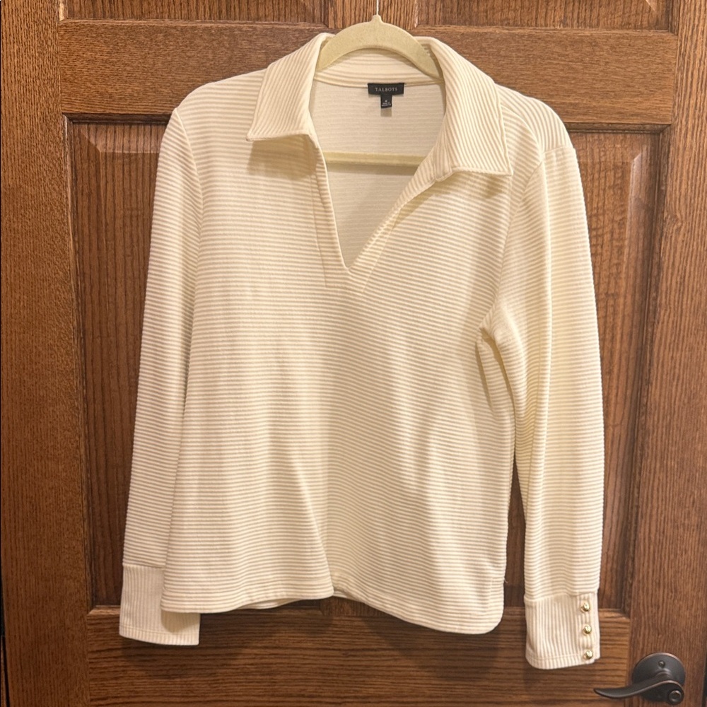 Talbots Ivory Ribbed Collared Pullover Top Medium